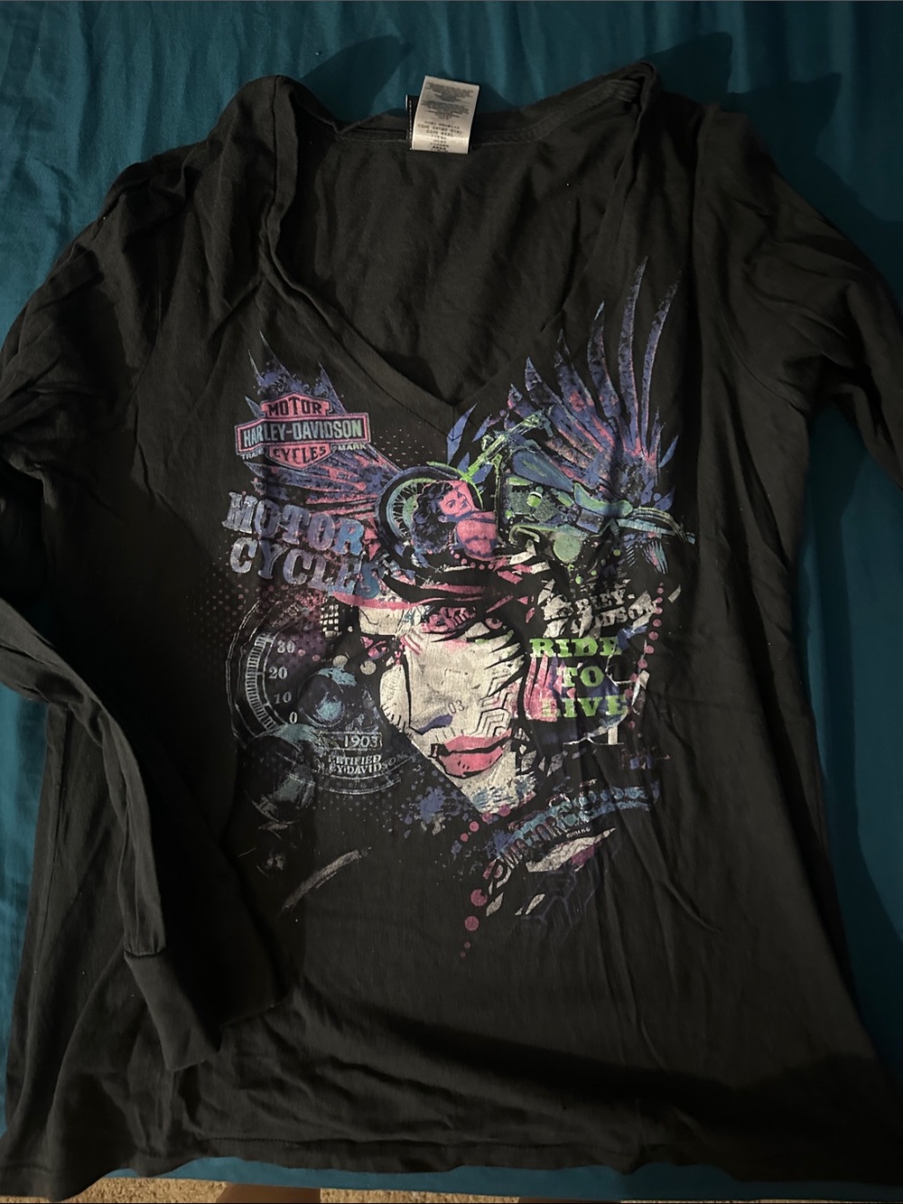 Harley-Davidson Black Long Sleeve Tee with Neon Motorbike Graphic